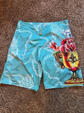 Christian Audigier Y2K Vintage Turquoise Swim Board Shorts